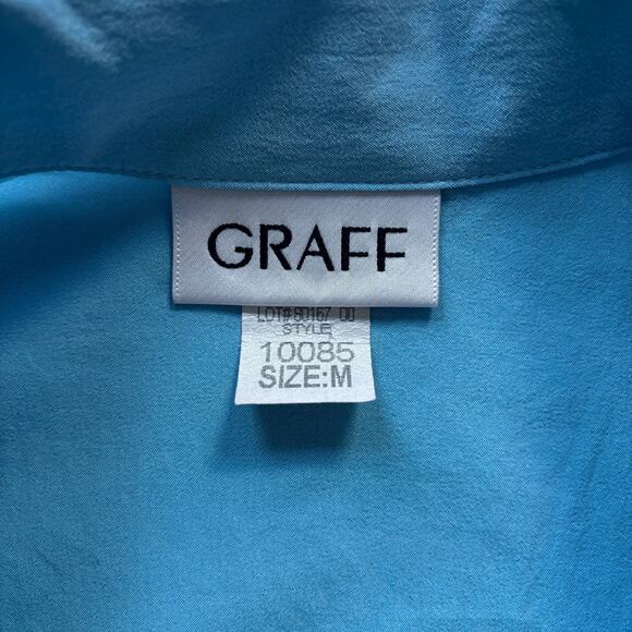 Graff Beaded Floral Button Front Blouse Ice Blue Collared Elastic Hem 90s M - Picture 3 of 5